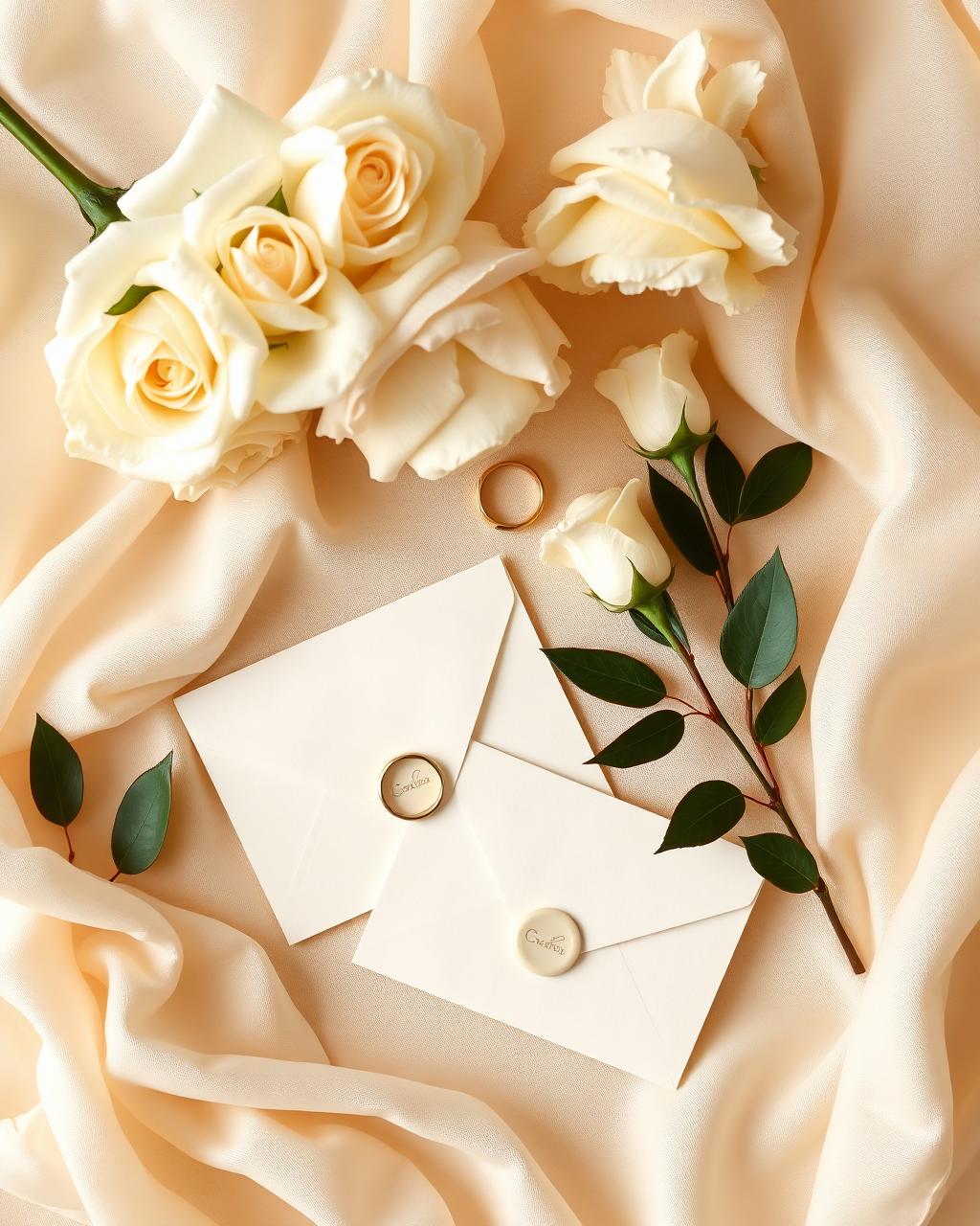 Convites de casamento com rosas e aliança dourada