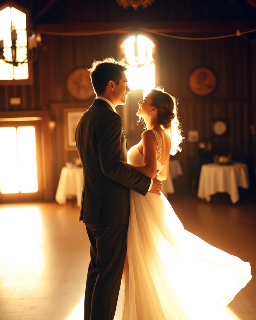 Casal dançando em luz dourada