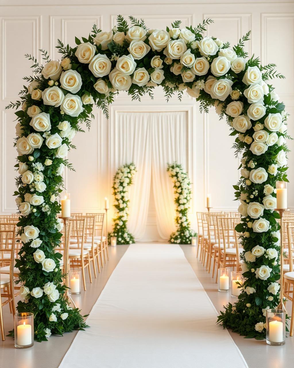 Arco floral da cerimônia com rosas brancas