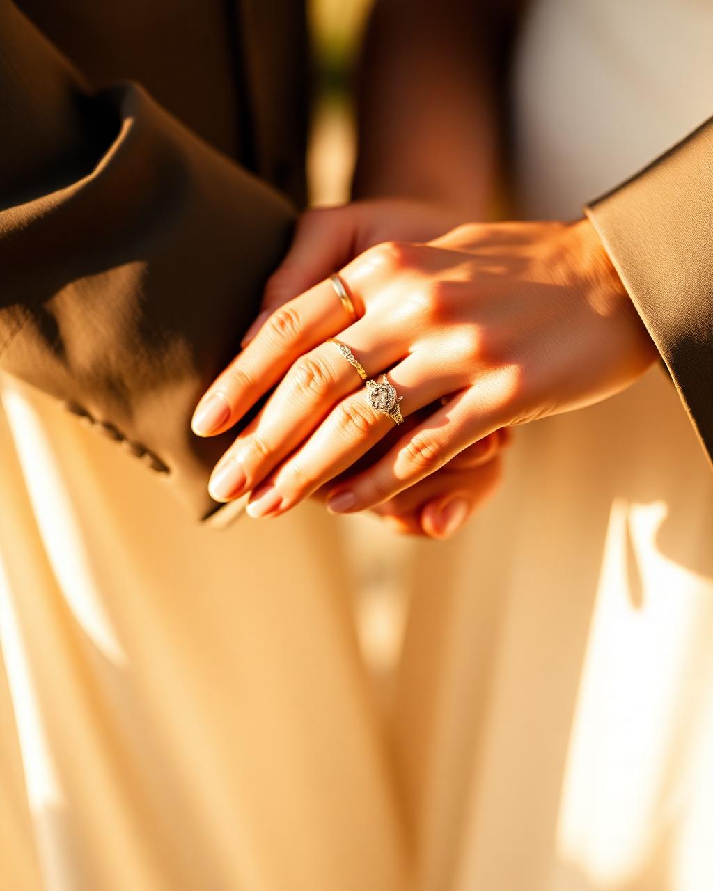 Mãos do casal com alianças em luz dourada